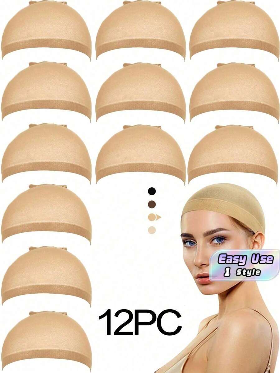12PCS Beige Wig Caps For Women And Men, Stretchy Nylon Stocking Cap With Closed End Mesh, Breathable & Secure Fit - Beige - View 1