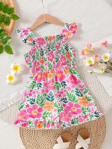 SHEIN Vintaside Kids Young Girl' Colorful Floral Ruffle Sleeve Romper, Children's Ditsy Floral Bow Decor Jumpsuit, Cute & Versatile For Summer - Multicolor - View 2