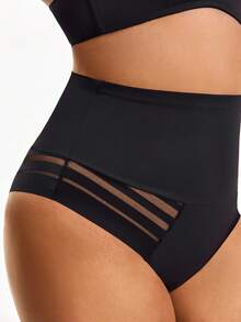 SHAPORA Plus Size Solid Color High Waist Net Mesh Patchwork Shaping Underpants - Black - View 6