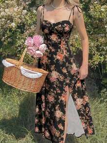Skyraze Vestido con abertura y lazo floral - Negro - Ver 3