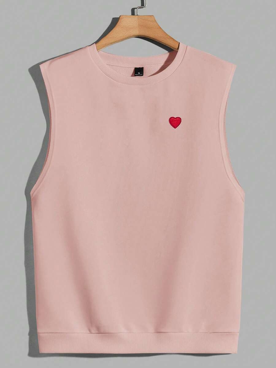 SWAVVY Men's Heart Print Round Neck Casual Versatile Tank Top - Pink - View 1