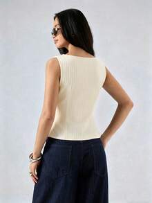 LYSMO Women's Round Neck Sleeveless Pleated Tie-Front Tank Top - Apricot - View 2