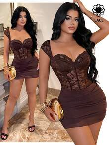 SHEIN SXY Sexy Lace Patchwork Bustier Dress - Brown - View 9
