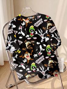 LOONEY TUNES X SHEIN Men's Casual Cartoon Letter Graphic Short Sleeve T-Shirt, Comfortable Summer Tee - White - View 1