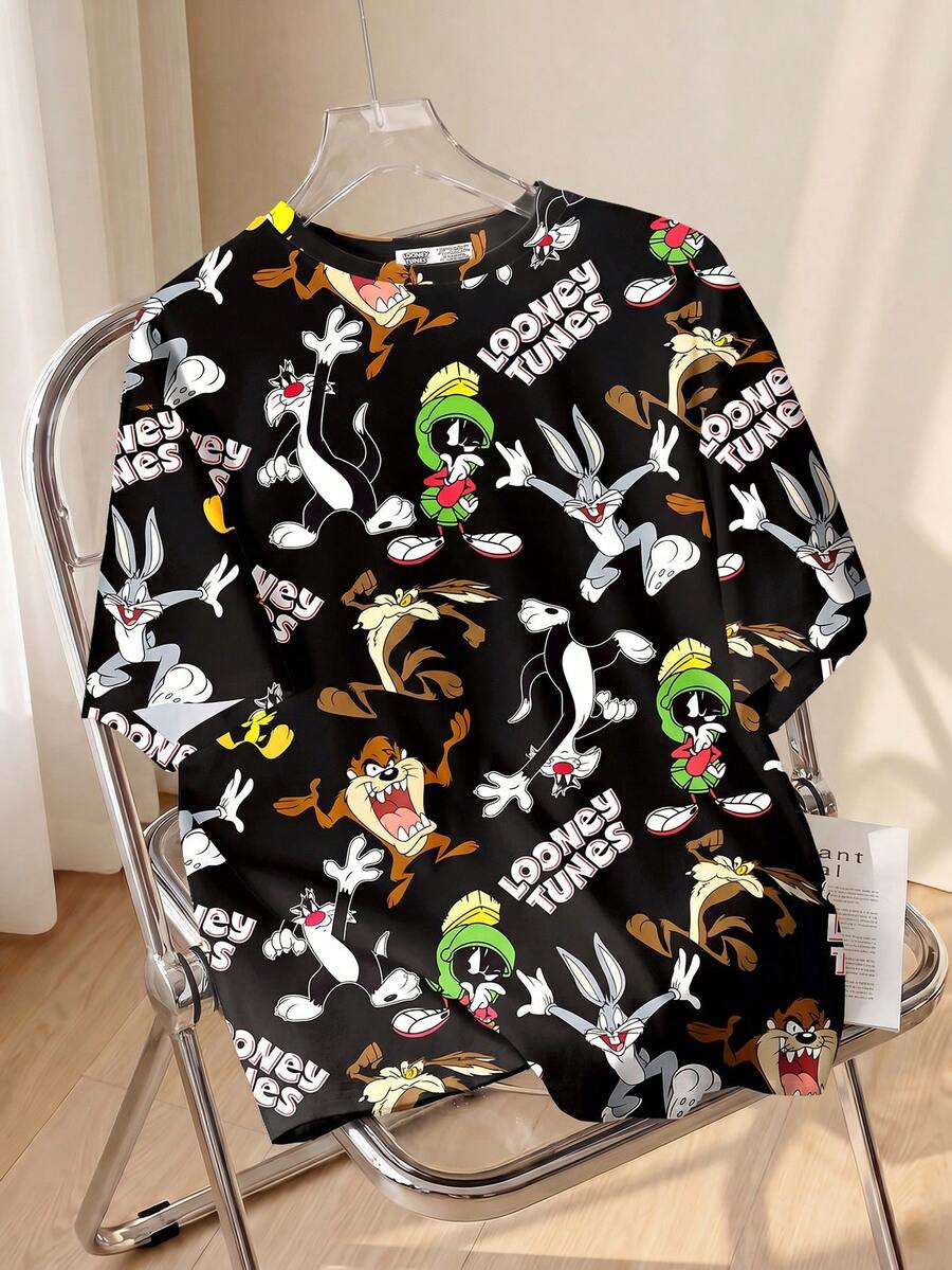 LOONEY TUNES X SHEIN Men's Casual Cartoon Letter Graphic Short Sleeve T-Shirt, Comfortable Summer Tee - White - View 1