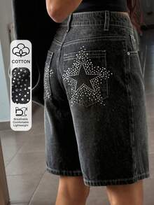 DAZY Women's Rhinestone Star Pattern Casual 90s Streetwear Y2k Versatile Denim Shorts With Pockets Y2K Back-To-School Party Black White Summer - Grey - View 1