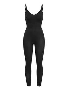 SHEIN Mono faja de tirantes control de barriga inconsútil unicolor - Negro - Ver 2