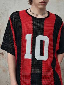 ROMWE MEN Street Life Top de punto holgado para hombre con patchwork, patrón bordado, rayas y calado, camiseta de punto - Multicolor - Ver 3