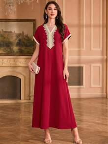 Al Najma Embroidered Collar Flower Shoulder Sleeve Small Stand Collar Elegant Dress - Red - View 1