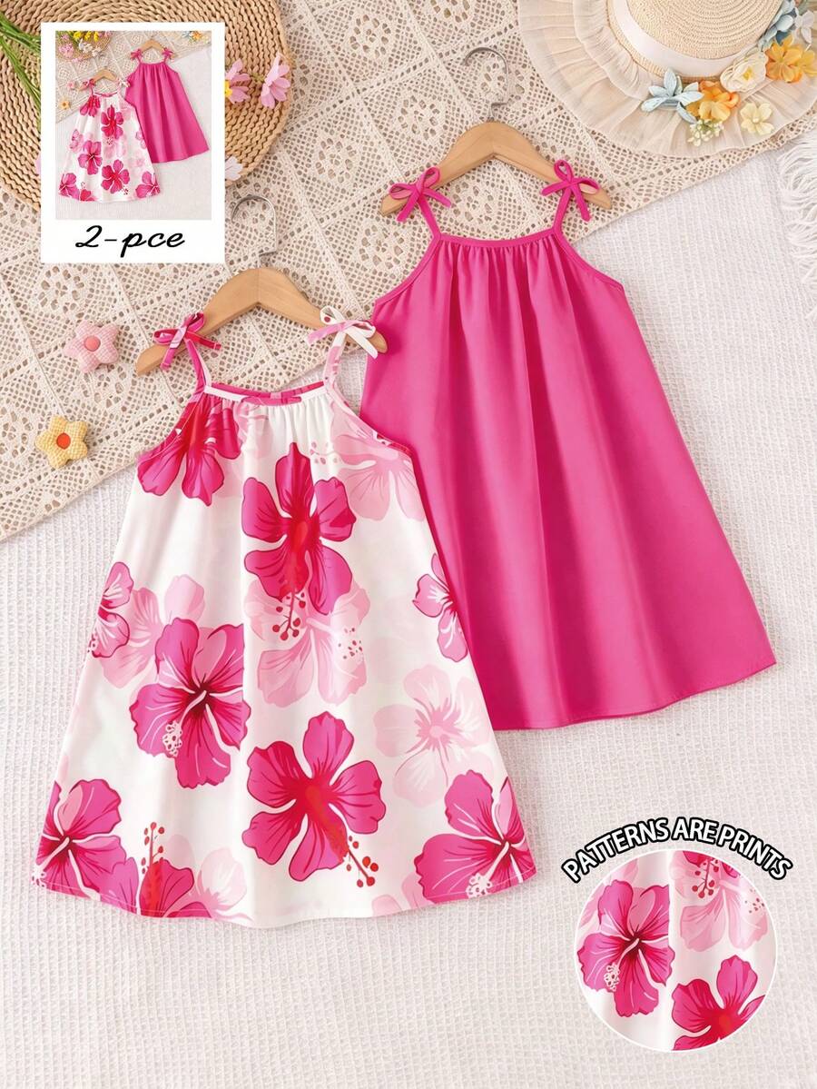 SHEIN Playful Pals 少女 2件/組 波希米亞休閒多彩扶桑花印花蝴蝶結肩帶 A字版型柔軟洋裝,充滿夏日活力與青春氣息,適合外出與夏季度假 - 彩色 - 查看 1