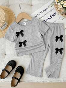 SHEIN Babygirl Casual Cute Knit Grey Bow Short Sleeve T-Shirt Elastic Waist Long Pants Set - Grey - View 3