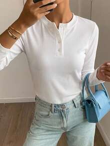 DAZY Quarter Button Rib Knit Tee,Fall Clothes Long Sleeve Women Tops - White - View 12