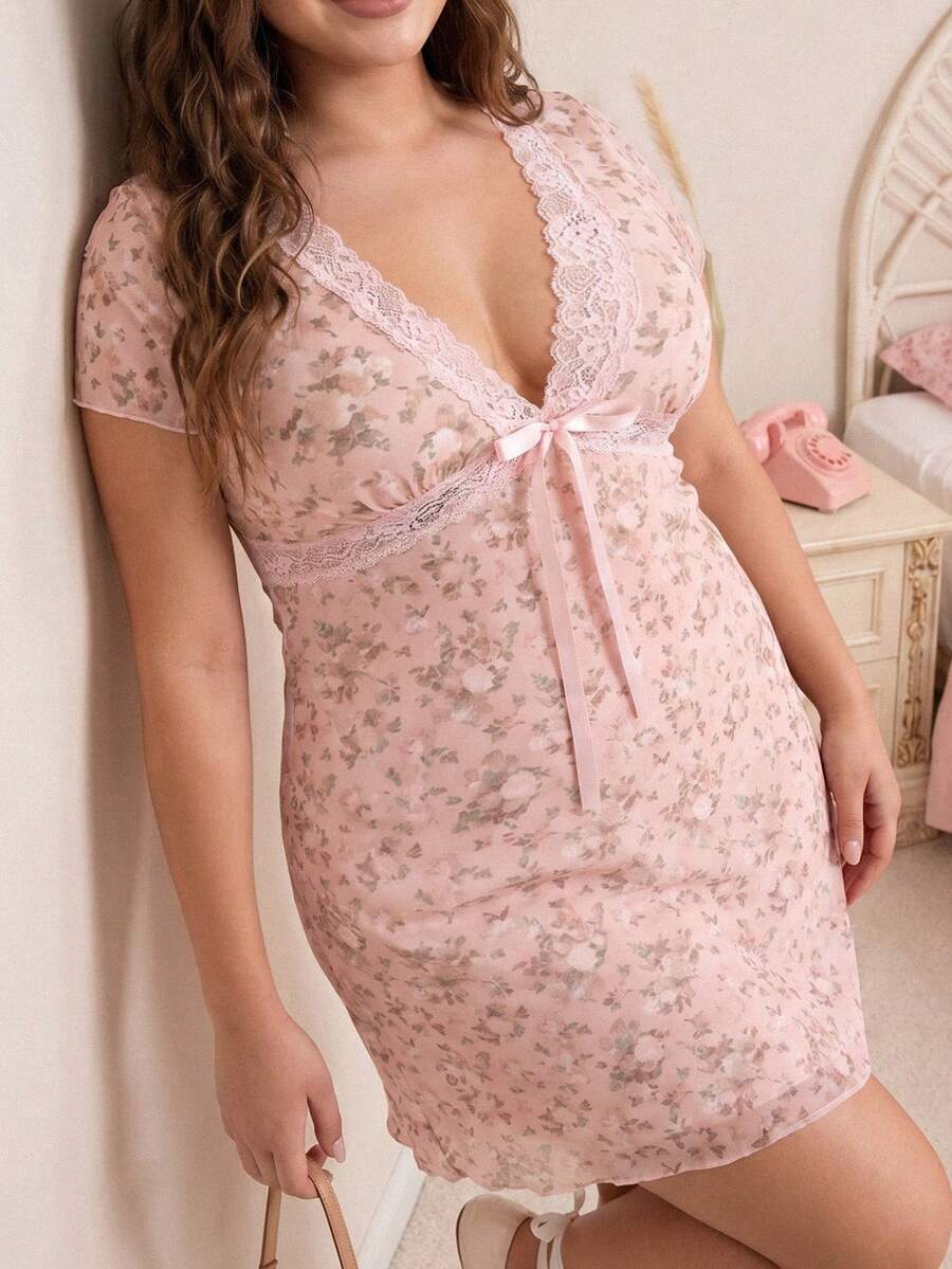 CovetEZ V-Neck Lace Patchwork Black Casual Dress, Spring/Summer - Pink - View 1