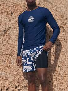 Palasendo 2pcs/Set Men's Coconut Tree Print Long Sleeve Top & Shorts Swimwear Set, Hawaiian, Holiday - Multicolor - View 4