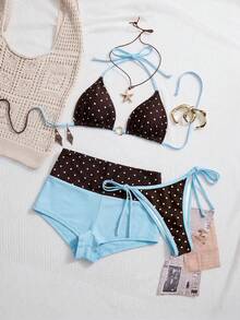 Swim Mod 2026 Spring/Summer Vacation Beach Brown Polka Dot Halter Bikini Set With Shorts 3-Piece Tropical - Multicolor - View 2