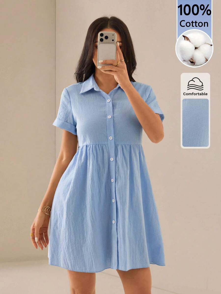 SHEIN PETITE 女士休闲舒适纯色单排扣短款连衣裙,纽扣衬衫裙,度假/波西米亚风,商务休闲 - 藍色 - 查看 1
