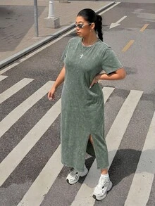 Muchica 加大码军绿色圆领宽松长款雪花印花开衩下摆短袖T恤裙，夏季 - 軍綠色 - 查看 4