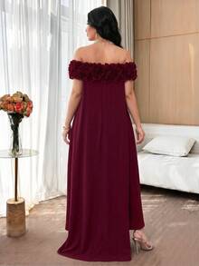 Modelyn Plus Size Women Off Shoulder Floral Decor Elegant Formal Elegant Waist Cinched Party Formal Dinner Formal Formal Evening Wedding Dress Burgundy Summer - Burgundy - View 2