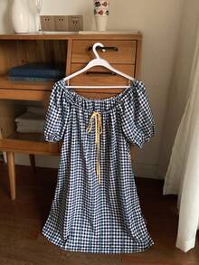 DAZY Vestido de dormir casual diario para mujer con estampado a cuadros y tachuelas, verano - Amarillo - Ver 3