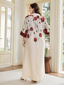 Al Najma Plus Size Women's V-Neck, 3/4 Sleeve, Stand Collar, Sleeve, Front Print, Bubble Texture Fashionable Full Skirt Floral Dress, Printed Arabic Dress - Red - View 2