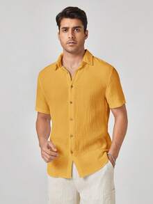 HIMLAND Men's Woven Casual Short Sleeve Shirt - Yellow - View 3