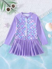 SHEIN THE HAPPY LOOK Young Girl Fish Scale Print Raglan Long Sleeve ...