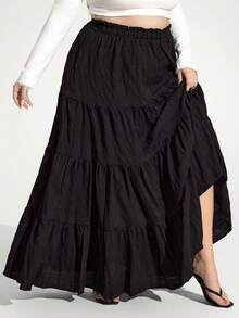SHEIN Unity Jennifer_samantha_style Plus Size Women Black Big Swing Hem Long Skirt, For Apple Rounded Body Shape, For Body Shape, For Summer - Black - View 6
