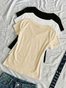 SHEIN EZwear 3件組女款夏季V領修身T恤，龐克次文化動漫風素色基本款短袖修身T恤 - 彩色 - 查看 2
