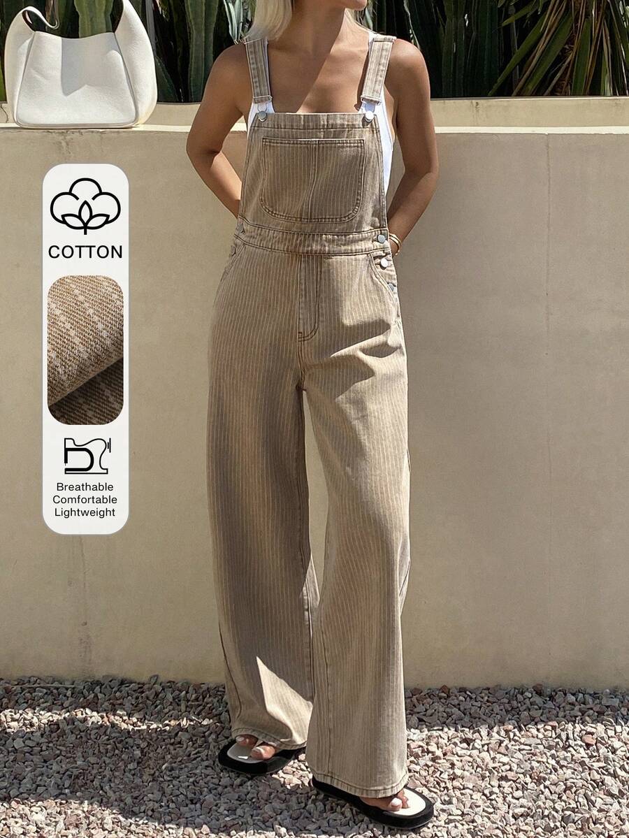 Livesso Women's Solid Color Denim Suspender Pants And Jumpsuit Vacation Khaki Summer Streetwear - Beige - View 1