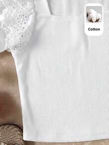 SHEIN Top de tirantes casual de punto color liso con cuello cuadrado y volantes para niña preadolescente - Blanco - Ver 3