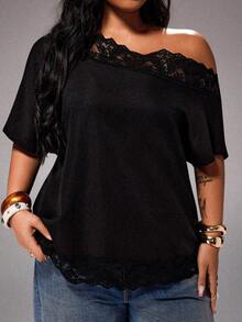 Rustia Blusa de hombro asimétrico con encaje de contraste para primavera/verano en talla grande - Negro - Ver 1