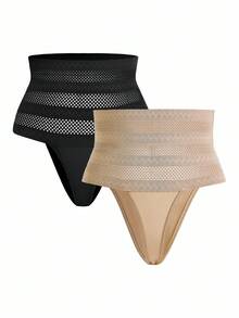 SHAPORA 2pcs Women High Waist Breathable Slimming Solid Color Shapewear Set - Multicolor - View 3