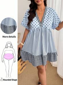 Enliva Damen-Freizeitkleid in großen Größen mit V-Ausschnitt, Polka-Dot- und Streifenmuster, Polka-Dot-Kleid, Boho-Sommerkleid, Damen-Sommerbekleidung, geeignet für Strand, Picknick und andere Anlässe, Polka-Dot-Kleid, für Apfel- und rundliche Körperformen - Verschiedenfarbig - Übersicht 1