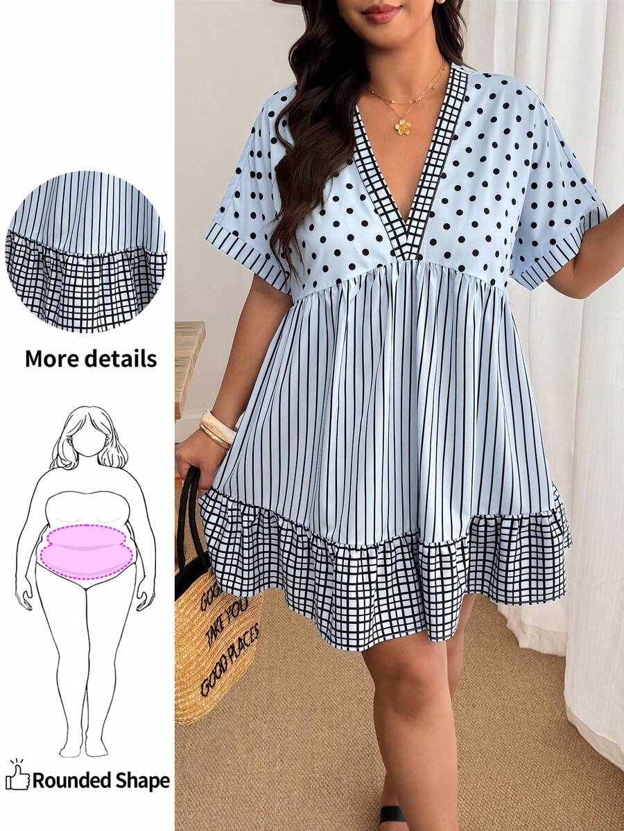Enliva Damen-Freizeitkleid in großen Größen mit V-Ausschnitt, Polka-Dot- und Streifenmuster, Polka-Dot-Kleid, Boho-Sommerkleid, Damen-Sommerbekleidung, geeignet für Strand, Picknick und andere Anlässe, Polka-Dot-Kleid, für Apfel- und rundliche Körperformen - Verschiedenfarbig - Übersicht 1