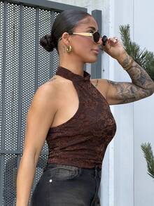 SAYEHFBABY Brown Knit Halter Neck Top For Women,Summer Top Casual - Brown - View 5