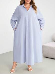 SHEIN CURVE+ Plus Size Casual Soft Form White Maxi Shirt Dress Western Wear Festival Boho Hippie Autumn 2026 22W Vacation Office - Blue - View 7