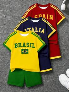6pcs/Set Young Boys' Casual Colorblock Sports Jersey, Short Sleeve Round Neck T-Shirt And Matching Shorts, Comfortable Sports Outfit For Daily, Holidays, World Cup, New SS26 Fashion Summer Outfits - Multicolor - View 5