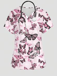 PopScrub Ribbon And Butterfly Cartoon Pattern Pink Women's Nurse Uniform Top, Spring/Summer Fashion V-Neck Short Sleeve Double Pocket Design Side Slit Work - Multicolor - View 1