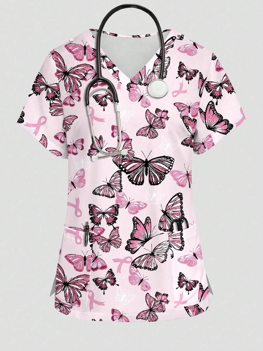 PopScrub Ribbon And Butterfly Cartoon Pattern Pink Women's Nurse Uniform Top, Spring/Summer Fashion V-Neck Short Sleeve Double Pocket Design Side Slit Work - Multicolor - View 1