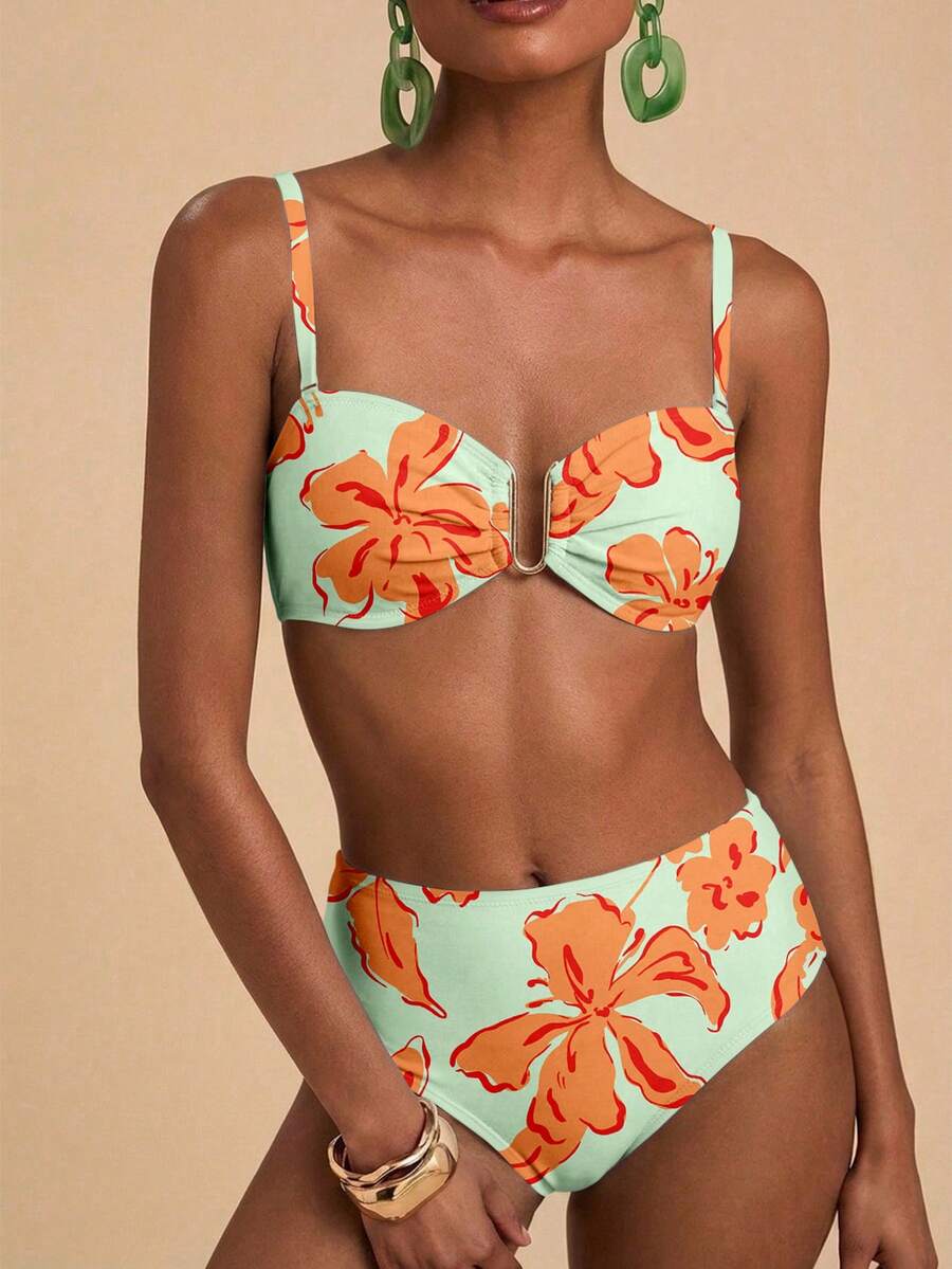 Travachic Damen Vintage Urlaub Blumenmuster Badeanzug Set, geeignet für Ausflüge, Strand, Kreuzfahrt Party - Verschiedenfarbig - Übersicht 1