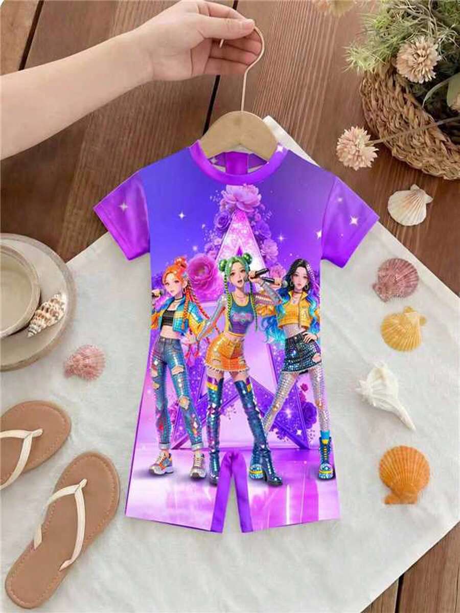 SHEIN 少女彩色紫色渐变卡通印花连体泳衣,休闲简约设计,适合夏季穿着 - 彩色 - 查看 1