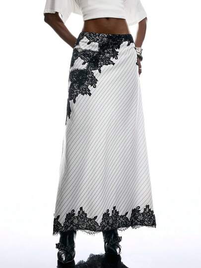 LYSMO 2026 New Arrive Minimalism Spring/Summer  Women's Lace Patchwork Diagonal Stripe Side Hidden Zipper Elegant Skirt