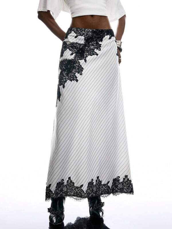 LYSMO 2026 New Arrive Minimalism Spring/Summer  Women's Lace Patchwork Diagonal Stripe Side Hidden Zipper Elegant Skirt