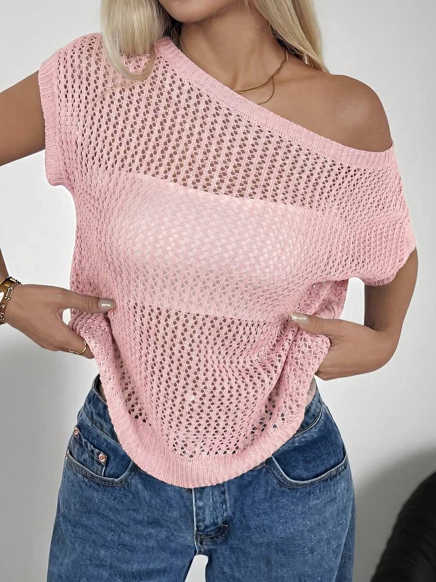 SHEIN EZwear 女士休闲沙滩度假纯色不对称领蝙蝠袖短袖透视开襟针织上衣 - 淺粉色 - 查看 1