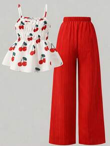 Souflis Souflis Girls' Summer Cute Sweet Striped Bow Print Camisole Top And Draped Wide Leg Pants Set - Multicolor - View 2