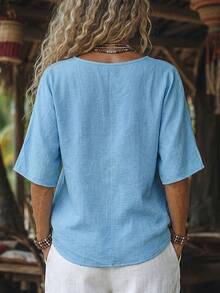 Zayélia Blusa holgada de mujer con cuello en V y botones de estilo lino sintético, nueva temporada - Azul - Ver 2