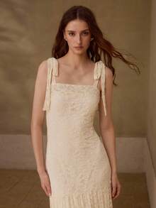 MOTF PREMIUM WOMEN'S SUMMER LACE SHOULDER KNOT MAXI STRAP DRESS WEDDING BIRTHDAY MOTHER OF THE BRIDE VACATION WHITE SEQUIN ELEGANT ROMANTIC - Beige - View 7