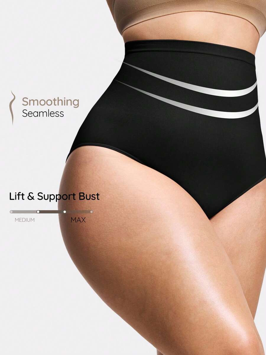 SHAPORA Plus Size Women High Waist Slimming Solid Color Briefs - Black - View 1