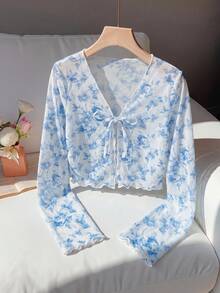 SHEIN Tween Girl Floral Pattern Ruffle Trim Long Sleeve V-Neck Bow Front Cardigan - Blue and White - View 9