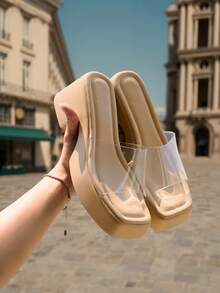 HighSole 時尚薄膜厚底粗跟一腳蹬涼鞋，適合聖誕與夏季 - 杏色 - 查看 4